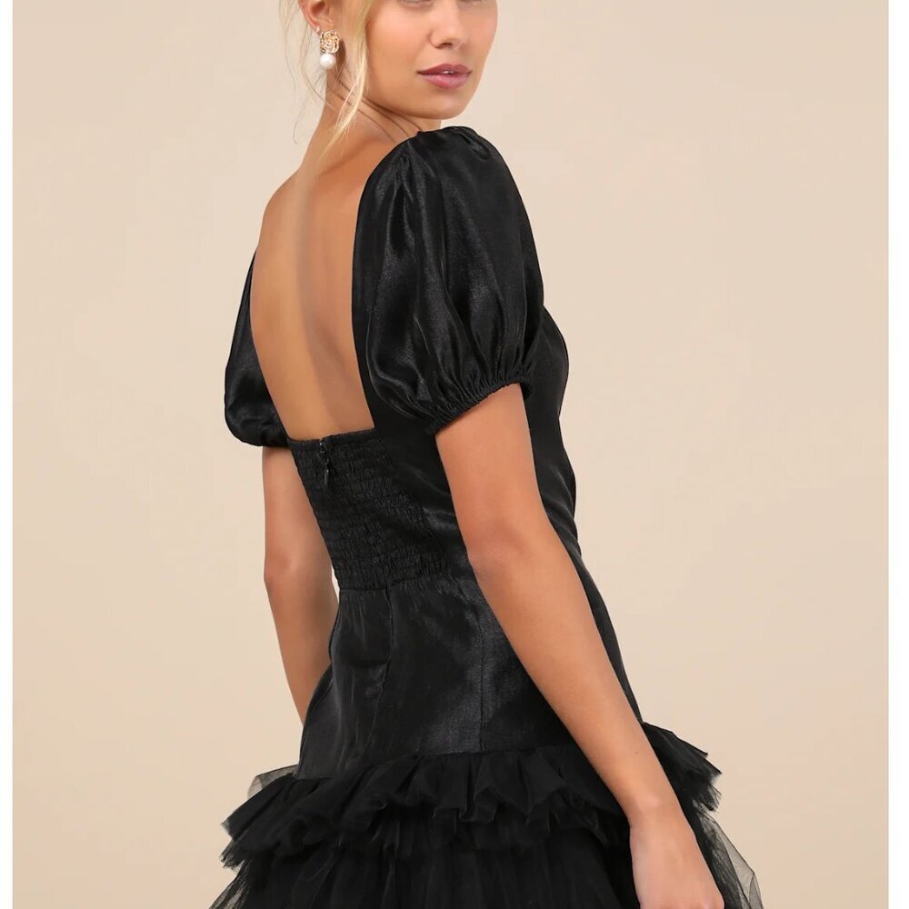 Lulus Notably Fabulous Black Taffeta Tiered Puff Sleeve Mini Dress - Size XS - Picture 4 of 5